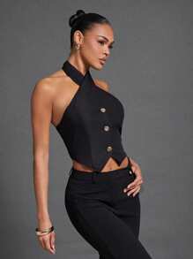 Hauture Halter Tie Back Black Top With Gold Buttons For Fall