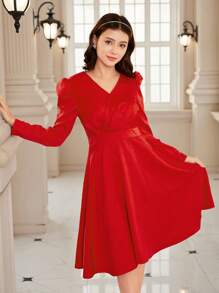 Váy suông tay bồng Giáng sinh cho bé gái tuổi teen - Đỏ - Xem 4