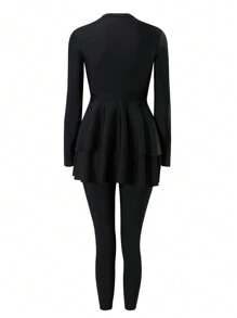 Swim Mulvari 2pcs Women Ruffle Hem Long Sleeve Long Pants Burkini Set Summer Arabic Clothing - Black - View 8