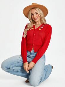 SHEIN LUNE 心形图案红色女式开衫，秋冬款 - 紅色 - 查看 2