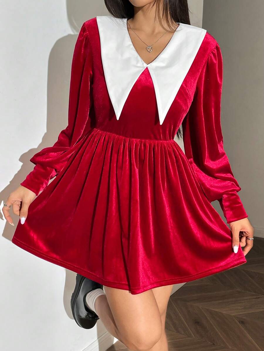 SHEIN EZwear Contrast Color Peter Pan Collar Elegant Long Sleeve Velvet Dress