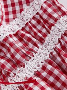 SHEIN MOD Plus Size Sweet Retro Red Plaid Lace Tied Bow-Knot Decor Tank Top, Valentine's Day Valentine's Gifts - Red and White - View 4