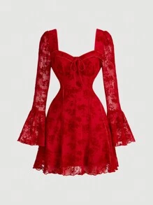 SHEIN MOD Women's Vintage Elegant Dress With Flared Sleeves, Chest Cup Splicing, Flared Hemline, Black Flocked Material