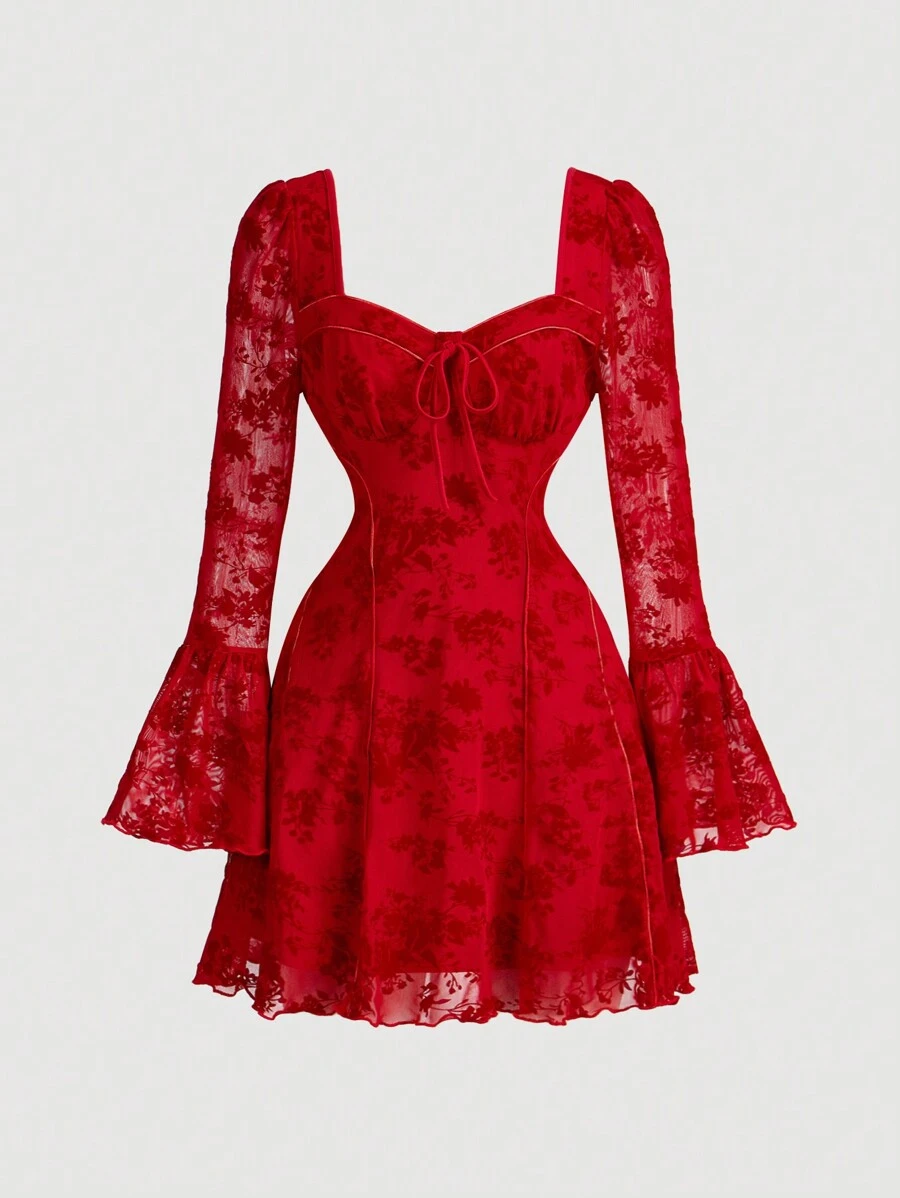 SHEIN MOD Women's Vintage Elegant Dress With Flared Sleeves, Chest Cup Splicing, Flared Hemline, Black Flocked Material