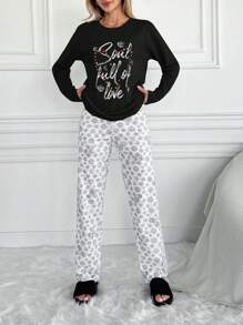 EURMUSE Conjunto de pijama de mujer de algodón con estampado de lunares y letras - Negro - Ver 3