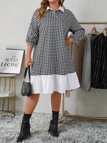 SHEIN LUNE Robe décontracté à manches longues pour femmes grandes tailles, à col contrastant en pied-de-poule. Robes pour l'automne, la Saint-Valentin, les fêtes, le quotidien, les vacances et les sorties en boîte - Multicolore - Voir 5