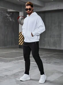 Manfinity Homme Pantalones slim fit de color negro sólido para hombres con diseño de cremallera, detalles de bolsillo simulado y costuras, de estilo casual - Negro - Ver 4