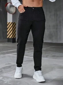 Manfinity Homme Pantalones slim fit de color negro sólido para hombres con diseño de cremallera, detalles de bolsillo simulado y costuras, de estilo casual - Negro - Ver 5
