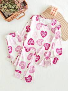 2 pezzi Set da lounge aderente a maniche lunghe con stampa a cuori all-over per ragazze pre-adolescenti