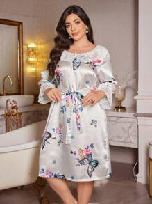 LuxeNights Camisón de manga larga de talla grande con estampado de mariposas y flores, con aplicaciones de encaje