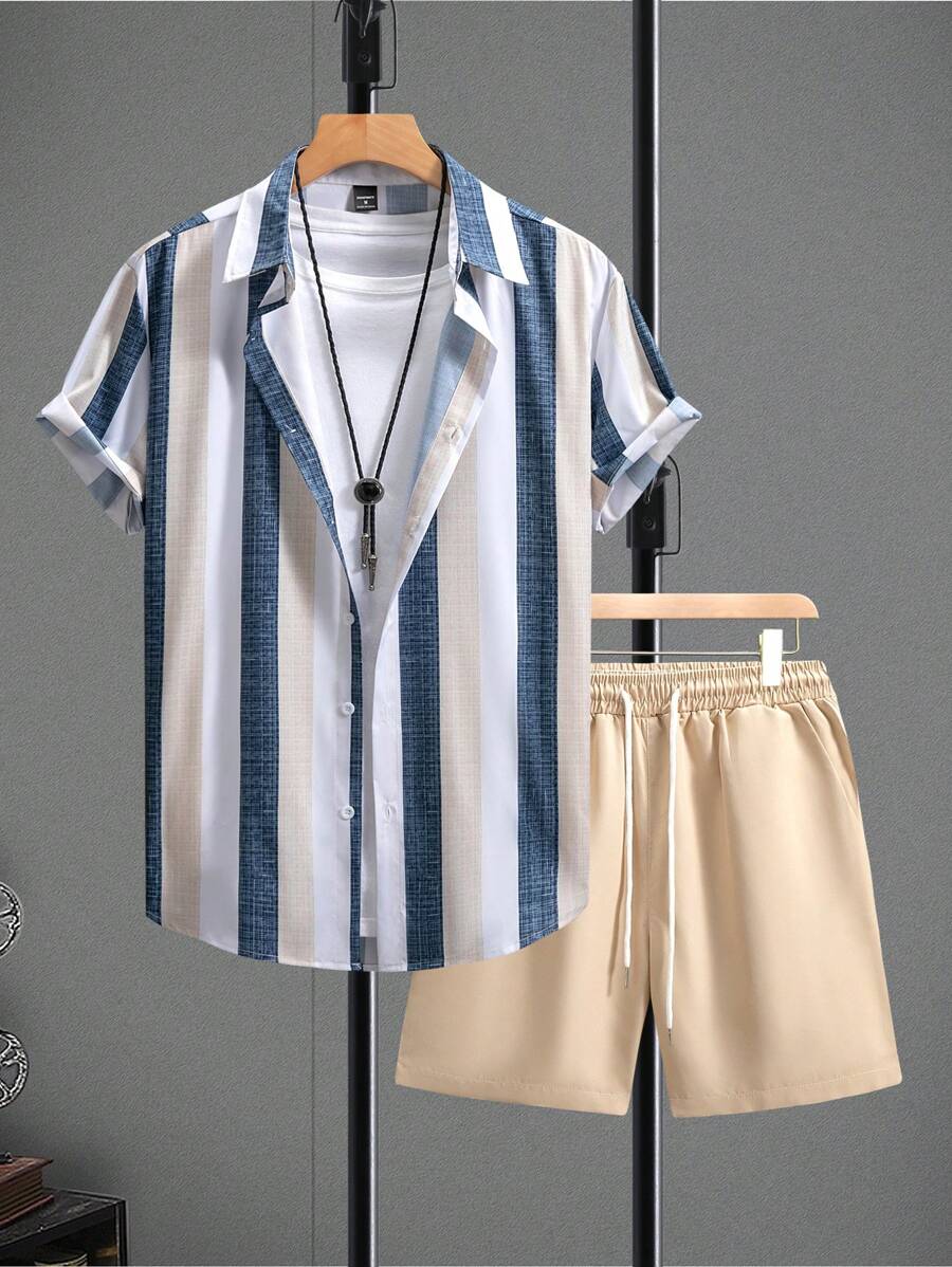 Manfinity Homme Men's Front Button Short Sleeve Striped Casual T-Shirt And Shorts Set - Khaki - View 1