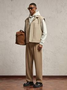 AKNOTIC Business Casual Men's Khaki Woven Relaxed Fit Mid-Rise Straight Leg Casual Pants With Metal Buckle Belt, Plain Work Long Baggy Slacks Pants, For Husband, Boyfriend Gifts