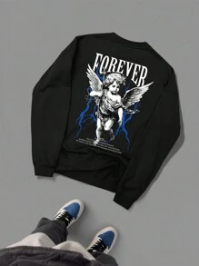 Manfinity EMRG 男士休闲口号与天使印花圆领长袖宽松运动衫，秋季 - 黑色 - 查看 1