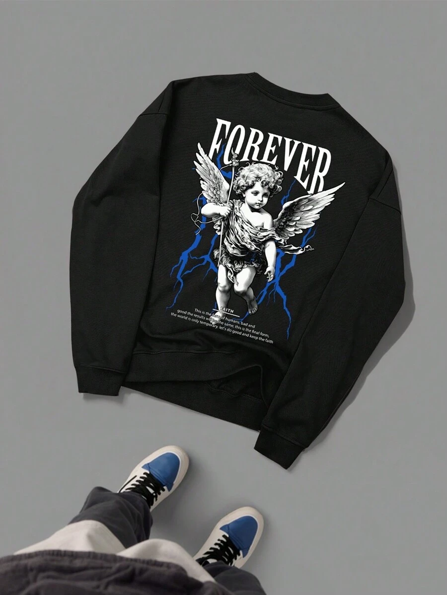 Manfinity EMRG 男士休闲口号与天使印花圆领长袖宽松运动衫，秋季 - 黑色 - 查看 1