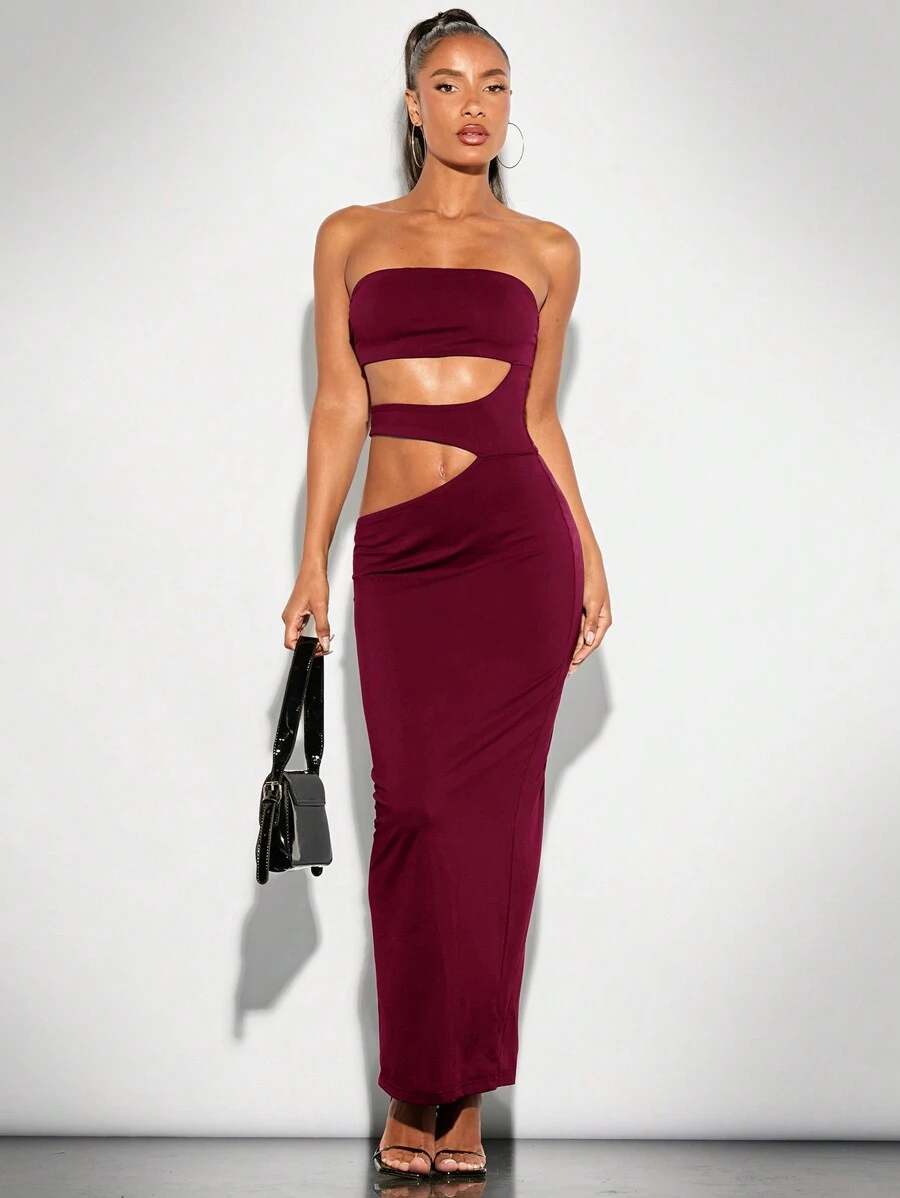 SHEIN BAE Solid Color Sexy Hollow Out Tight Bodycon Dress, Charming Mini Dress For Spring/Summer, Perfect For Party, Date Night, Girls' Gathering - Burgundy - View 1