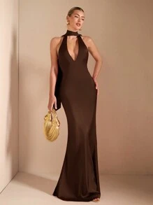 SHEIN BAE 秋冬纯红色性感优雅深 V 领细肩带系带鱼尾露背细肩带针织连衣裙适合鸡尾酒会、浪漫约会、秋冬季分层穿着、派对、婚礼伴娘、夜间外出、万圣节、圣诞节 - 咖啡棕 - 查看 4