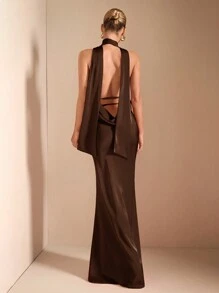 SHEIN BAE 秋冬纯红色性感优雅深 V 领细肩带系带鱼尾露背细肩带针织连衣裙适合鸡尾酒会、浪漫约会、秋冬季分层穿着、派对、婚礼伴娘、夜间外出、万圣节、圣诞节 - 咖啡棕 - 查看 9