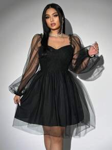 Allurite Plus Size Valentine's Day Mesh & Contrast Lace Square Collar Plicated Mini Dress, With Heart, Rose, Polka Dot, Love, Lip, Cupid, Floral Details