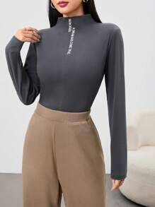 Mulvari Women Letter Print Stand Collar Long Sleeve Casual T-Shirt, Minimalist Everyday - Dark Grey - View 3