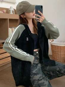 DAZY Women's Colorblock Striped Letter Embroidery Loose Long Sleeve Hooded Zipper Cardigan,Fall Women Clothes Jacket - Black - View 8