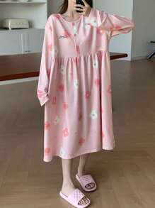 DAZY Teddy Bear & Floral All-Over Print Letter Decor Loose Nightgown Pajama - Pink - View 6