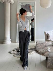 DAZY Women V-Neck Solid Color Cardigan Sweater, Spring/Autumn - Grey - View 6