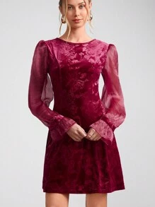 SHEIN Clasi 女式天鹅绒花卉印花网眼长袖优雅短款鸡尾酒连衣裙 - 酒紅色 - 查看 4