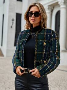 SHEIN Clasi Women's Autumn/Winter Plaid Long Sleeve Button Design Elegant Short Overcoat - Olive Green - View 4