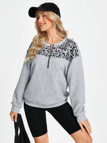 Wildy Women Casual Leopard Print Hoodie With Front Zipper, Round Neck Long Sleeve, Street Style, For Winter Pullover Fall Outfit