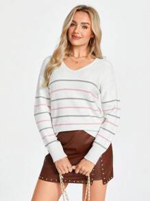 SHEIN LUNE Jersey de mujer de cuello en V a rayas de manga larga, cálido, de invierno - Blanco - Ver 1