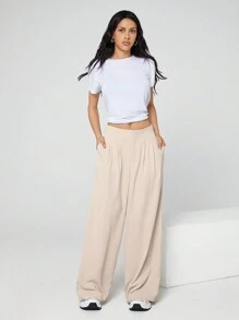 SHEIN EZwear 女式休闲简约编织阔腿裤（杏色） - 杏色 - 查看 5