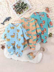 3 件套新生儿简约时尚可爱狮子恐龙鳄鱼动物印花长袖连身裤连体衣 - 彩色 - 查看 3