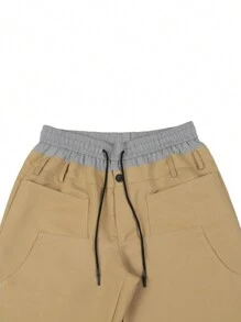 Manfinity Homme Quần ống đứng cạp chun vá lưng đôi mới cho nam, quần dài màu kaki có dây rút, dành cho chồng, quà tặng bạn trai - Màu Khaki - Xem 5