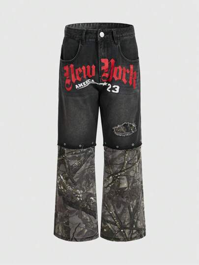 Street Life بنطال جينز بتصميم عادي رخو مستقيم مزود بطبعة الحروف والأشجار مع حافة خشنة للرجال ، ملابس الشارع العادية