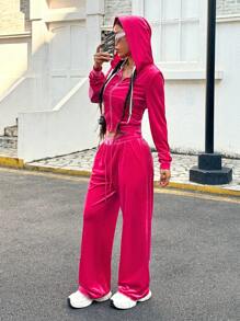 SHEIN EZwear 女士休闲拉链连帽衫和裤子两件套