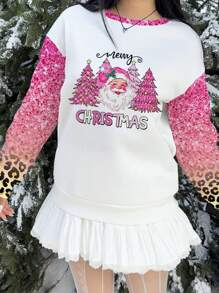 Muchica Áo nỉ mỏng cổ tròn màu trắng in họa tiết báo hồng và cây thông Noel dành cho nữ, nhẹ, kiểu Giáng sinh - Nhiều màu - Xem 5