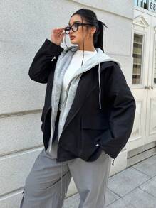 Flirla Hooded Casual Collegiate Style Minimalist Windbreaker Jacket - Black and White - View 3