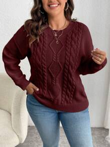 Calvaya Suéter de punto casual de cuello redondo de manga larga de unicolor de talla grande, tejido de punto, para otoño e invierno - Burdeos - Ver 8