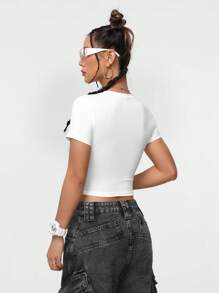 SHEIN EZwear 3pcs Set Classic Car & Motorcycle Print Crew Neck Tight Cropped T-Shirts For Women, Suitable For Summer - Multicolor - View 4