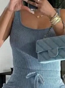 INAWLY 女士休闲系带前口袋迷你性感宽肩带连衣裙，适合俱乐部 - 藍色 - 查看 3