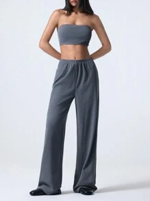 LYSMO Damen minimalistischer 3-teiliger Anzug Set bestehend aus Bandeau-Top, Einreiher-Jacke und Hose, für den Herbst