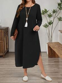 大码女式海军蓝圆领口袋宽松休闲通勤工作长裙，秋冬长款女装 - 黑色 - 查看 4