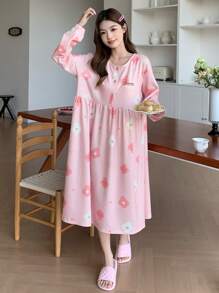 DAZY Teddy Bear & Floral All-Over Print Letter Decor Loose Nightgown Pajama - Pink - View 8