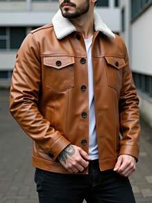 Manfinity Homme Men's Casual Contrast Color Fur Collar Jacket, Autumn/Winter - Khaki - View 1