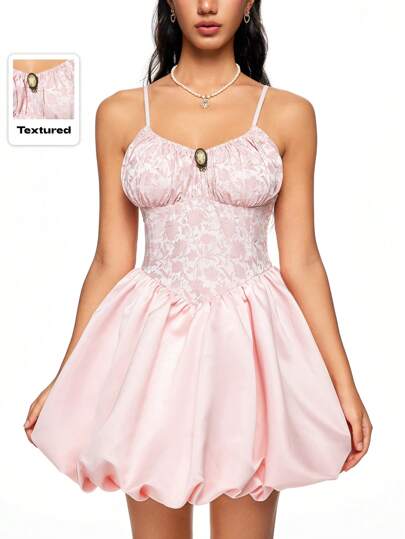 Fairycore Women Vintage Palace Floral Jacquard Waist Cinching Cami Dress, For New Year