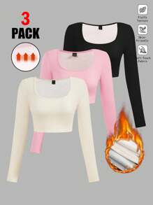 Muchica 3 件套多色保暖内衬基本款修身针织长袖 T 恤女款秋冬款 - 彩色 - 查看 1