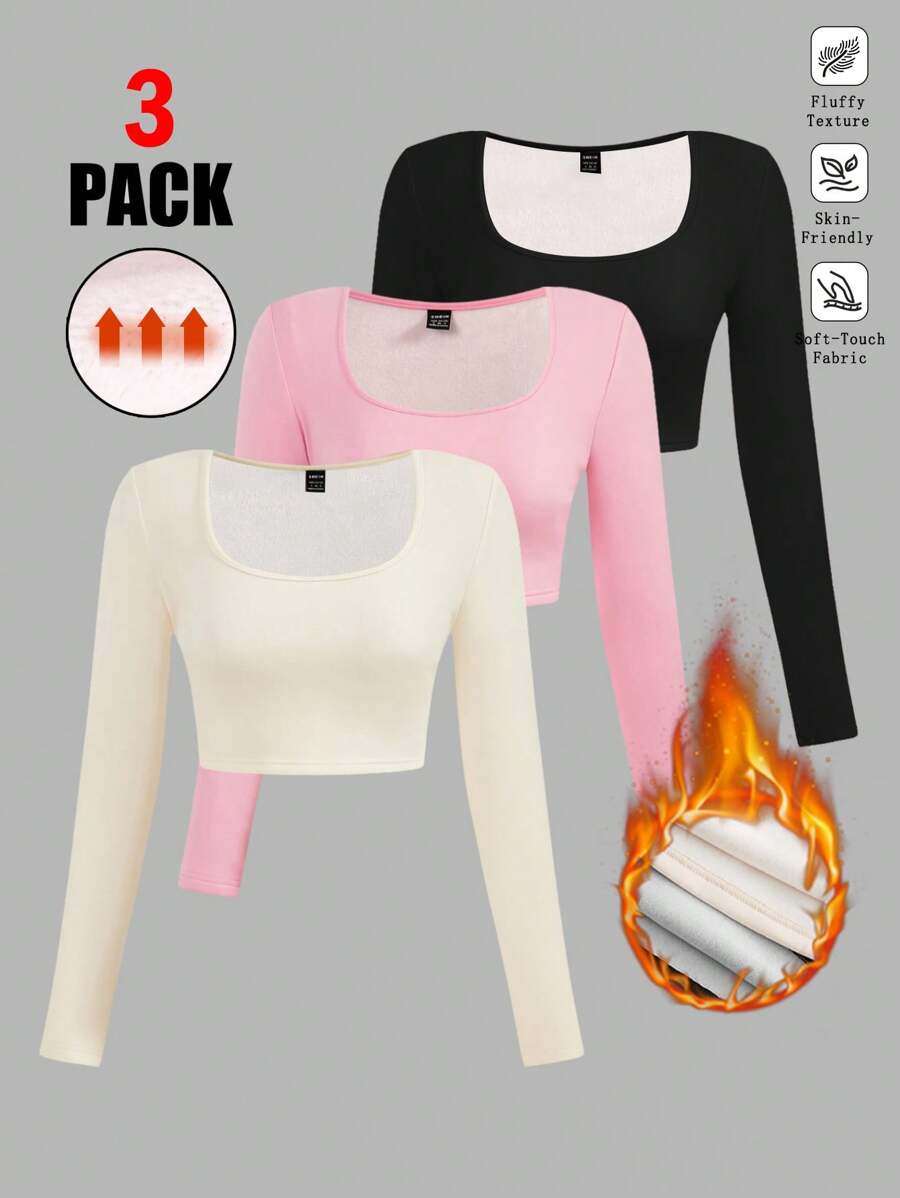 Muchica 3 件套多色保暖内衬基本款修身针织长袖 T 恤女款秋冬款 - 彩色 - 查看 1