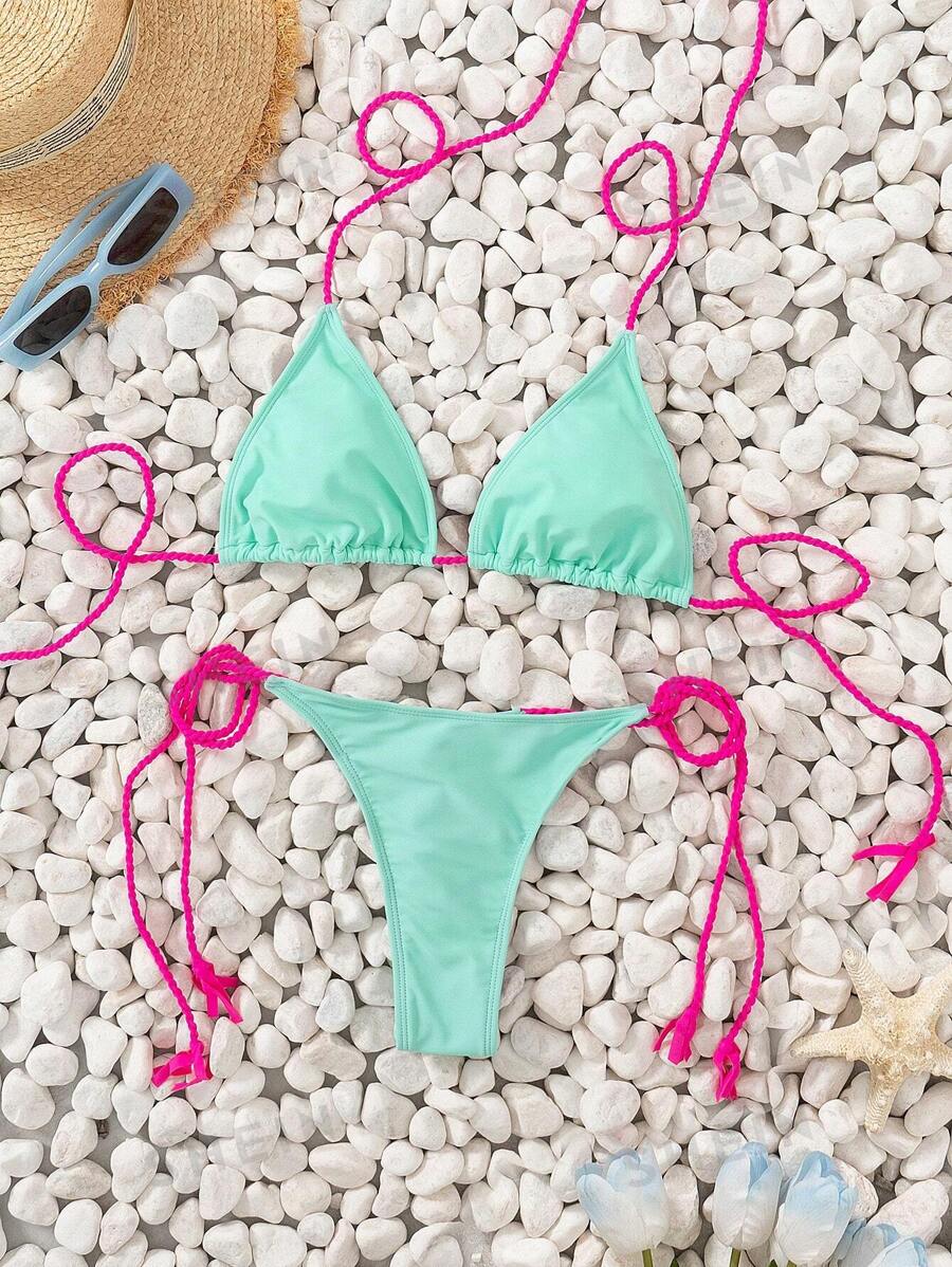 SHEIN Swim Conjunto de bikini de verano para mujer con correa trenzada de bloques de color vintage