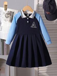 SHEIN 年轻女孩短款字母印花收腰百褶下摆休闲长袖连衣裙，春秋季 - 彩色 - 查看 1