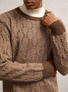 AKNOTIC Business Casual Men's Plaid Print Round Neck Contrast Color Splice Long Sleeve Knit Sweater, Suitable For Autumn, For Fall Winter - Multicolor - View 3